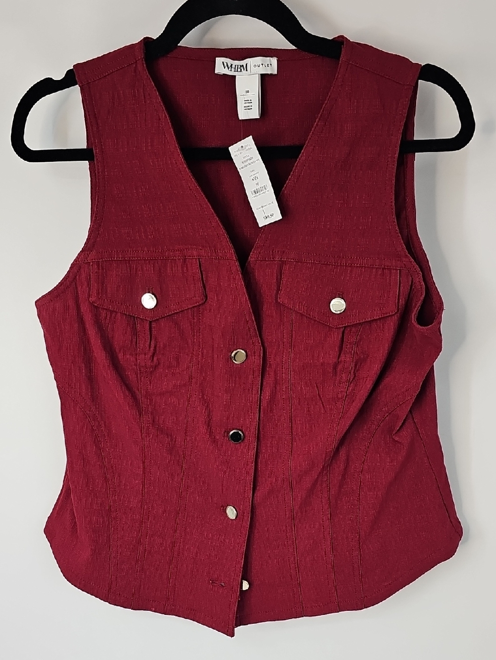 WHBM Outlet Sz:10 Maroon Stretch Vest w Gold Buttons 2 Front Pockets - Picture 7 of 10